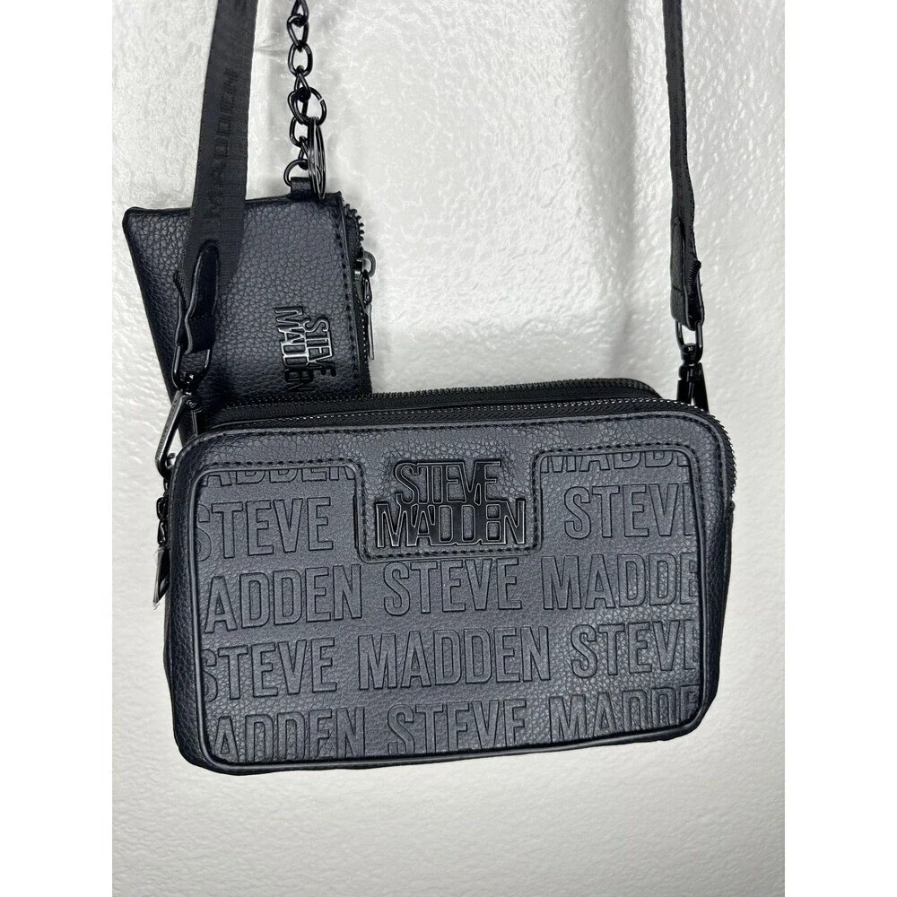 Steve Madden Crossbody Bag Womens Small Black Logo Faux Leather Coin Purse Zip